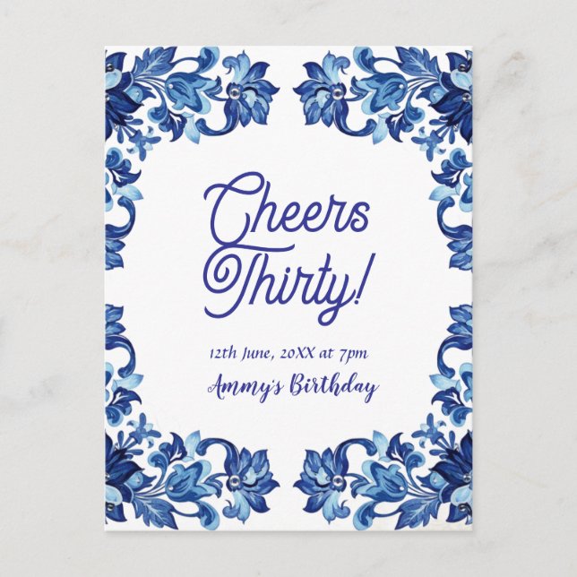 Postal Cumpleaños treinta Cheers borde floral azul real n (Anverso)