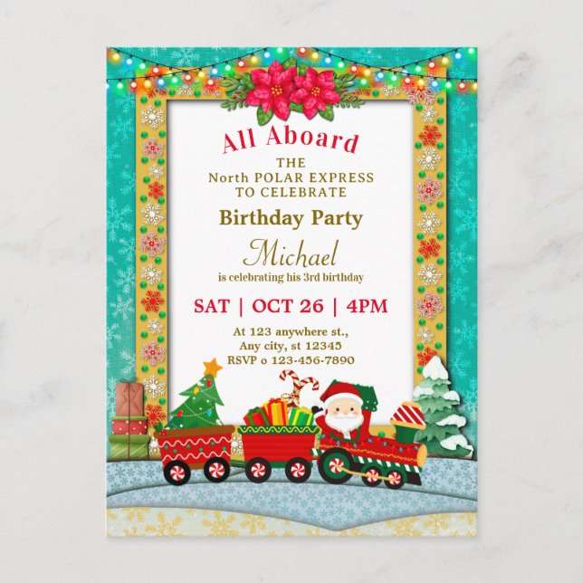 Postal Cumpleaños Tren de Navidad - Todos a Bordo Fiesta  (Anverso)