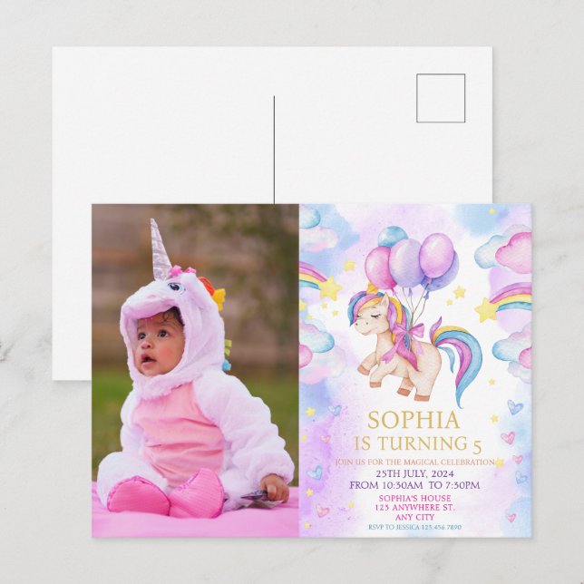 Postal Cumpleaños Unicornio Arcoíris de Foto (Anverso / Reverso)