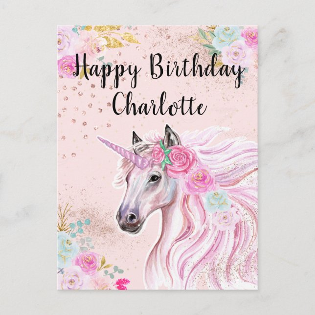 Postal Cumpleaños Unicornio Rosa Floral Turquesa Nombre P (Anverso)