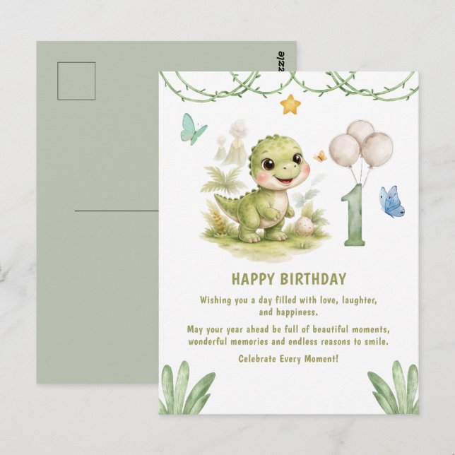 Postal Cumpleaños Uno-A-Saurus Dinosaurio Adorable (Anverso / Reverso)