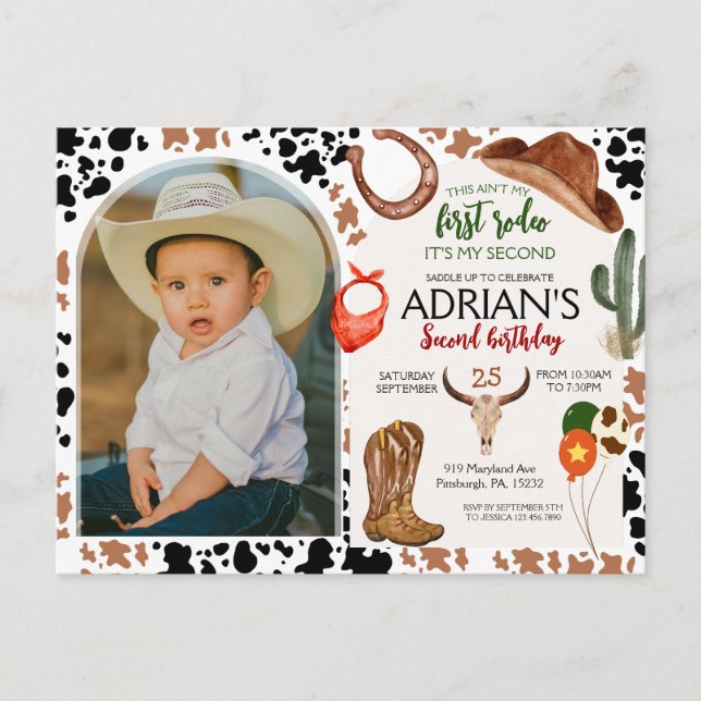 Postal Cumpleaños Vaquero 2do Aniversario Fiesta de Rodeo (Anverso)