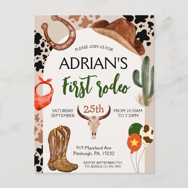 Postal Cumpleaños vaquero Fiesta de cumpleaños 1er rodeo (Anverso)