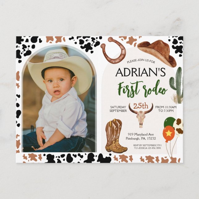 Postal Cumpleaños Vaquero Fiesta de Cumpleaños 1er Rodeo (Anverso)