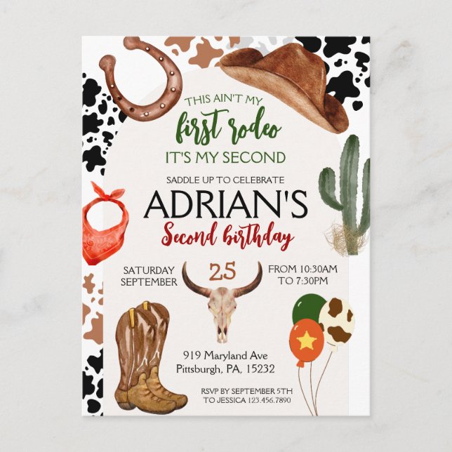 Postal Cumpleaños vaquero Fiesta de cumpleaños 2º Rodeo (Anverso)