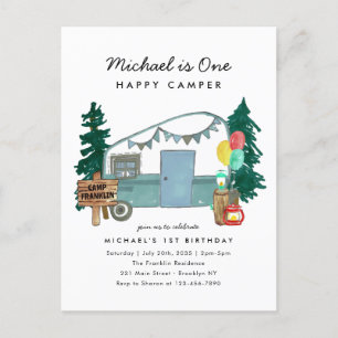 Postal Cunte one Happy Camper Trees Camping Primer Cumple