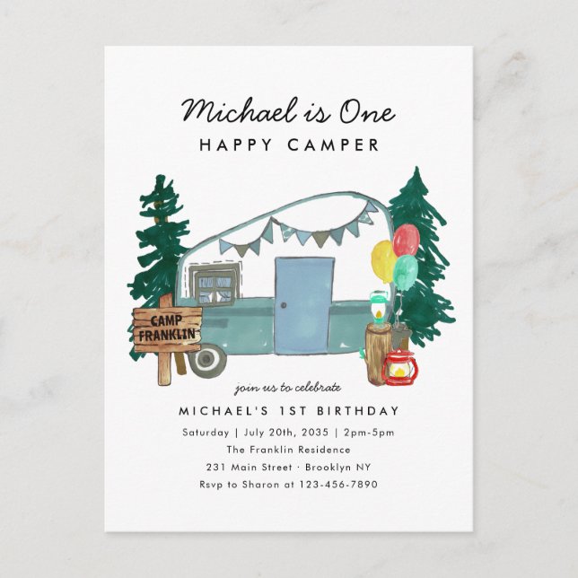 Postal Cunte one Happy Camper Trees Camping Primer Cumple (Anverso)