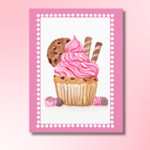 Cupcake de agua tinta rosa con cumpleaños de choco