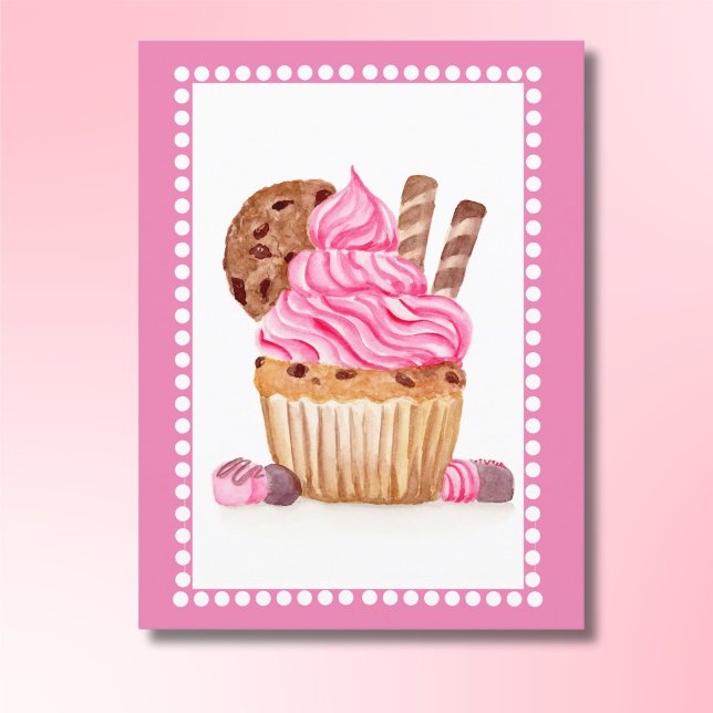 Postal Cupcake de agua tinta rosa con cumpleaños de choco (Subido por el creador)