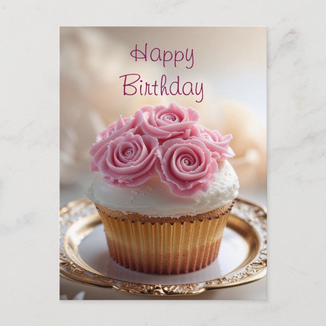 Postal Cupcake de Feliz Cumpleaños con Rosas de Crema Ros (Anverso)
