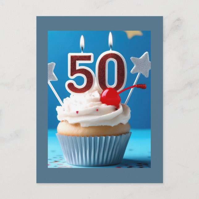 Postal Cupcake de velas encendidas para cumpleaños 50 (Anverso)
