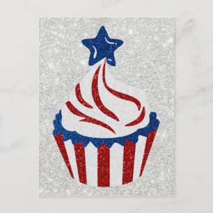Postal Cupcake Rojo, Blanco y Azul 4 de Julio con Brillo