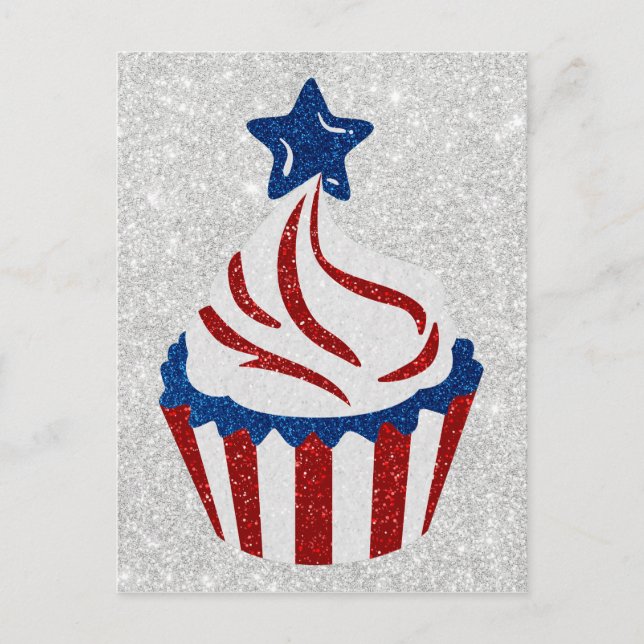 Postal Cupcake Rojo, Blanco y Azul 4 de Julio con Brillo (Anverso)