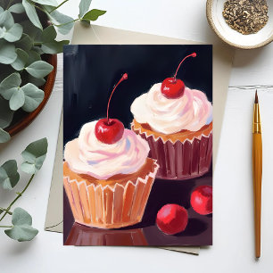 Postal Cupcakes de Cereza   Pintura Acuarela de Celebraci
