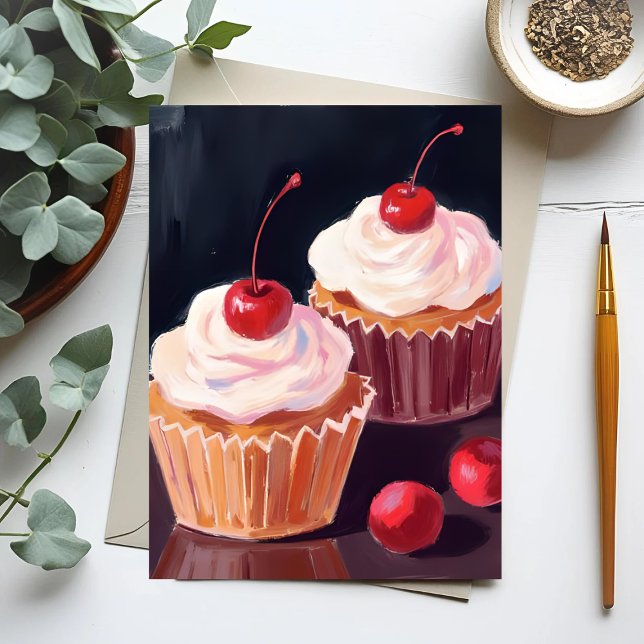Postal Cupcakes de cereza | Pintura acuarela de celebraci (Subido por el creador)