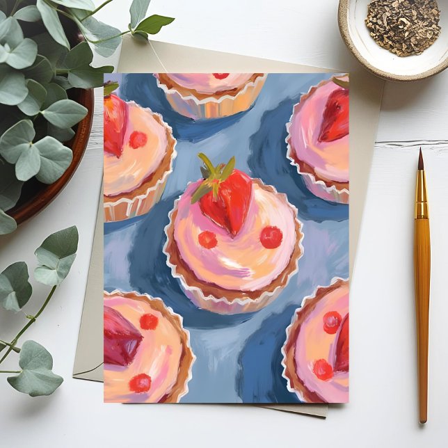 Postal Cupcakes de Fresa | Celebración Acuarela de Frutas (Subido por el creador)