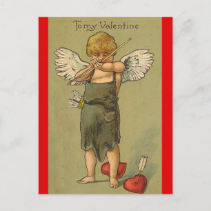 Postal Cupido Antiguo con un Arco y Dos Corazones de San 