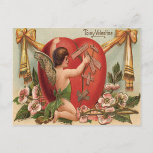 Postal Cupido Corazón Roto Parcheando Flores