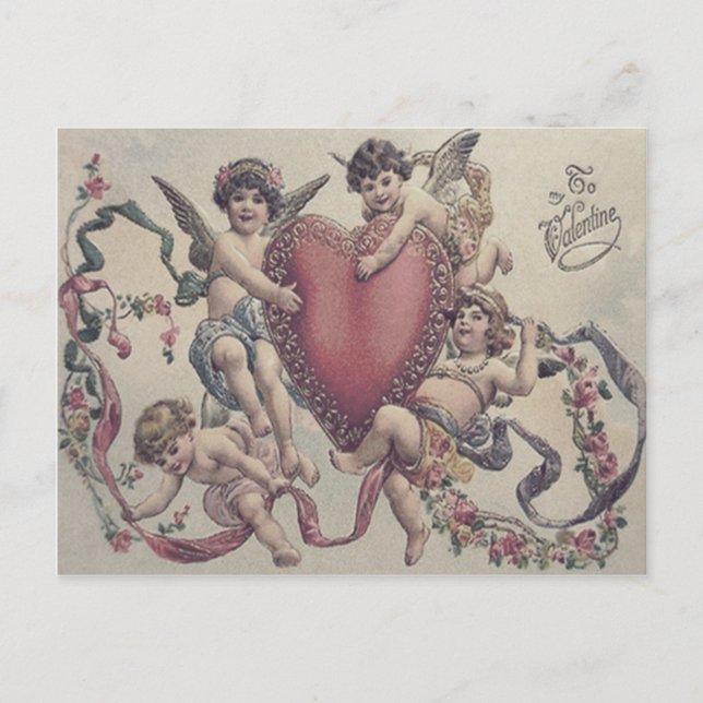 Postal Cupido Querubín Ángel Corazón Flores (Anverso)