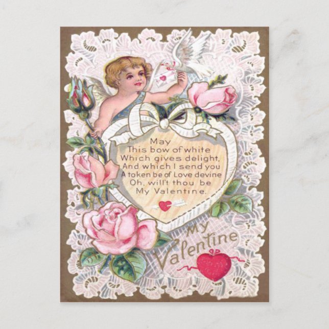 Postal Cupido Rosas Rosa Paloma Corazón Flecha (Anverso)