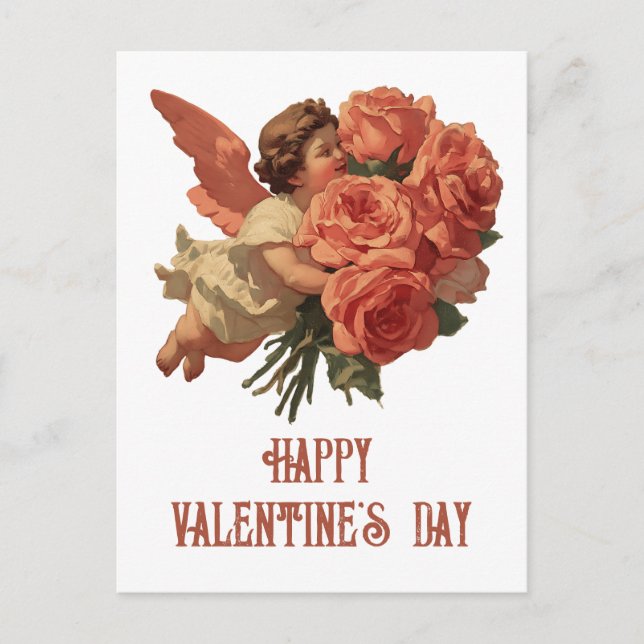 Postal Cupido Vintage con Ramo de Rosas (Anverso)