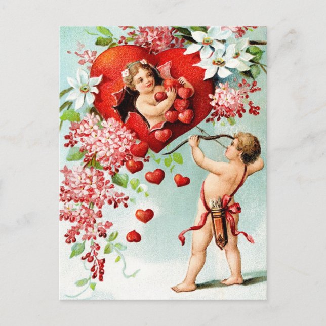 Postal Cupido y una ducha de corazones (Anverso)