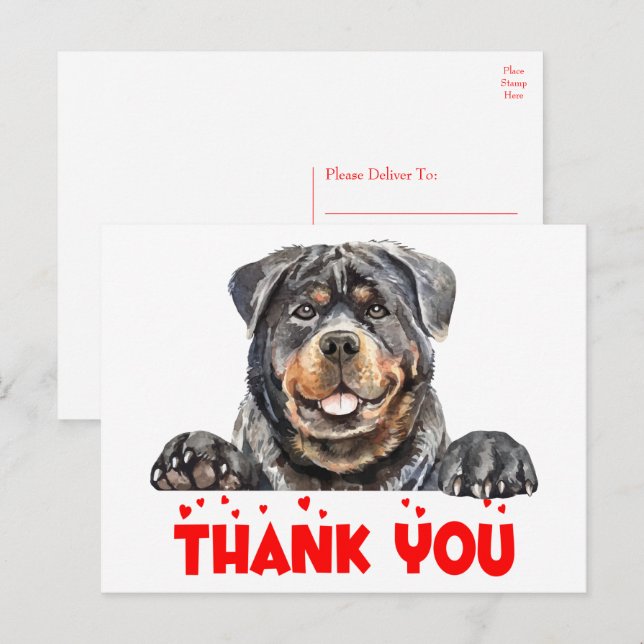 Postal Cupo Cachorro Perro Acuarela Rottweiler Gracias (Anverso / Reverso)