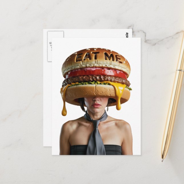 Postal Curiosa Surrealista Cheesburger Woman (Anverso/Reverso In Situ)