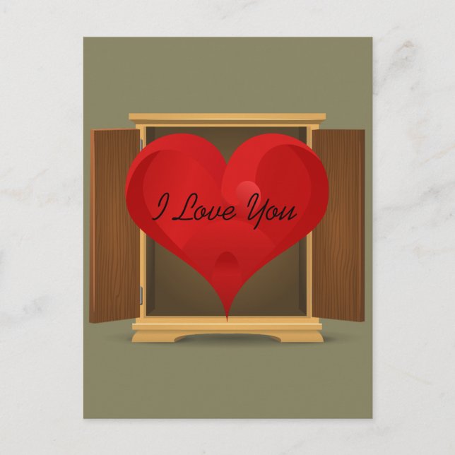 Postal Curioso corazón rojo te amo saliendo del armario (Anverso)