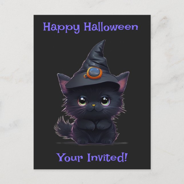 Postal Curioso gato negro de Halloween (Anverso)