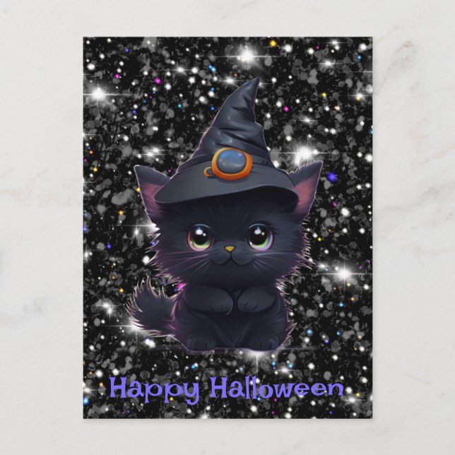 Postal Curioso gato negro de Halloween (Anverso)