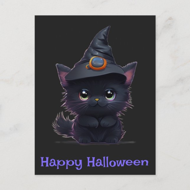 Postal Curioso gato negro de Halloween (Anverso)