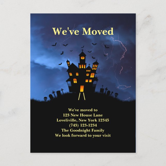 Postal Curioso nos hemos mudado de casa embrujada negra y (Anverso)