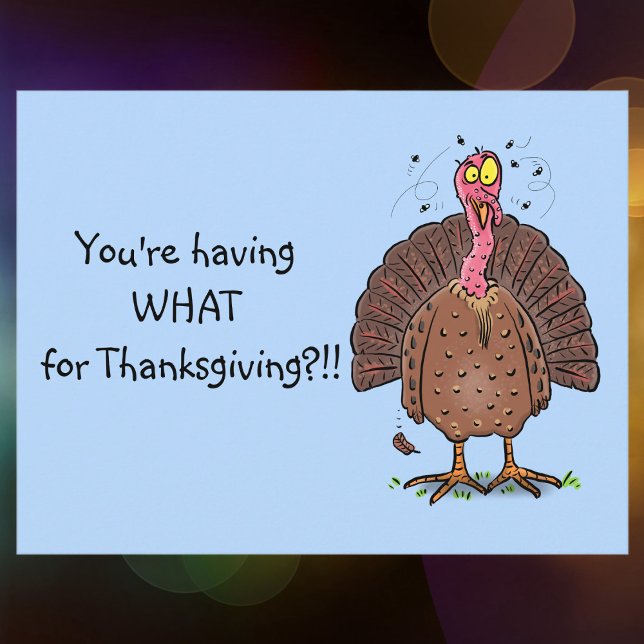Postal Curioso pavo moreno de acción de gracias con mosca (Have some fun with this Thanksgiving cartoon turkey postcard!)