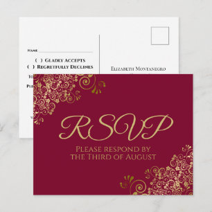 Postal Curls de oro y Swirls Maroon Burgundy Wedding RSVP