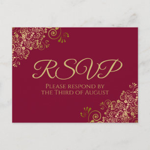 Postal Curls de oro y Swirls Maroon Burgundy Wedding RSVP