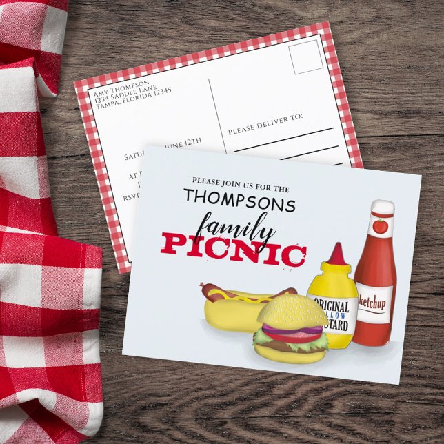 Postal Curso verano picnic moda Cocina de moda caprichosa (Summer family reunion casual picnic postcard template. )
