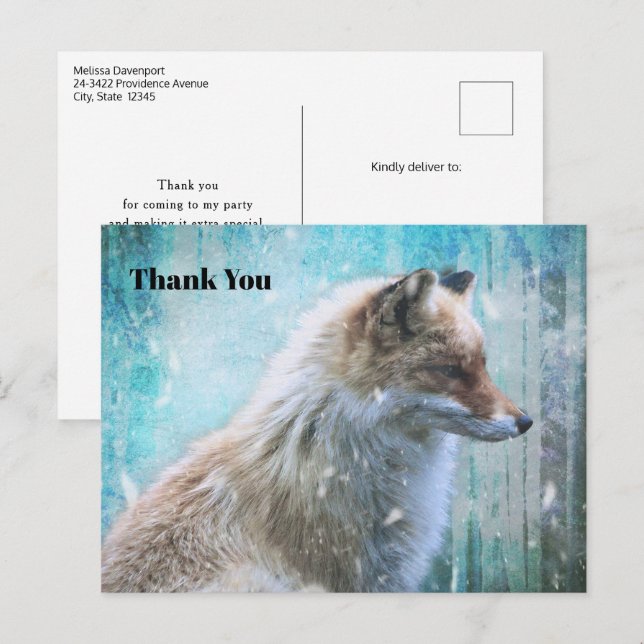 Postal Curte Furry Fox en fondo azul grunge Gracias (Anverso / Reverso)