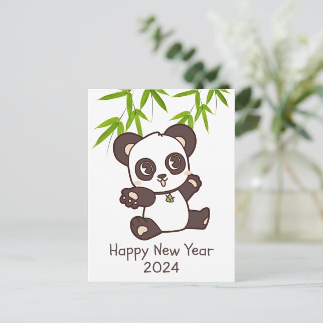 Postal Curte Happy Panda Bamboo Año Nuevo (Anverso de pie)