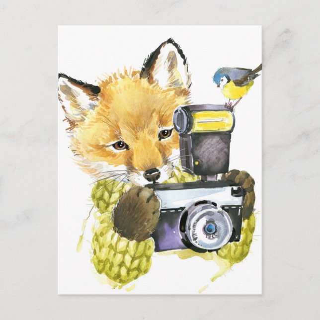 Postal Curte Watercolor Fox Tomando fotos (Anverso)