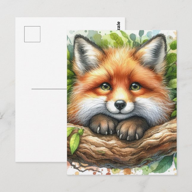 Postal Curte Watercolor Red Fox (Anverso / Reverso)