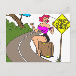 Postal Curva adelante, mujer hermosa haciendo autostop, d