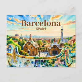Postal Custom Barcelona Spain Watercolor Park Guell Retro