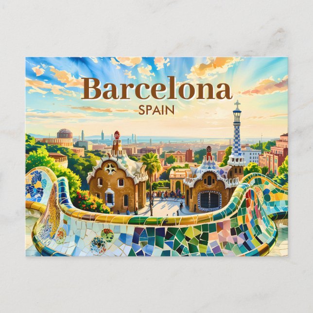 Postal Custom Barcelona Spain Watercolor Park Guell Retro (Anverso)
