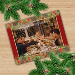 Postal Custom Happiest Holidays Holiday Season<br><div class="desc">Unique, classic, trendy, pretty and decorative Holiday card. Cute Happiest Holidays greeting text and room to customize or personalize with a photo and family name (or individual names) and message of your choice, framed by a pinecone, pine needles and red berries wreath pattern on a classy dark red colored background....</div>
