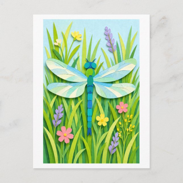 Postal Cut Paper Collage-Style Dragonfly (Anverso)