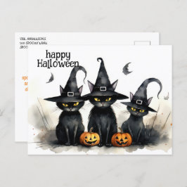 Postal Cuta acuarela Brujería gatos calabazas Halloween