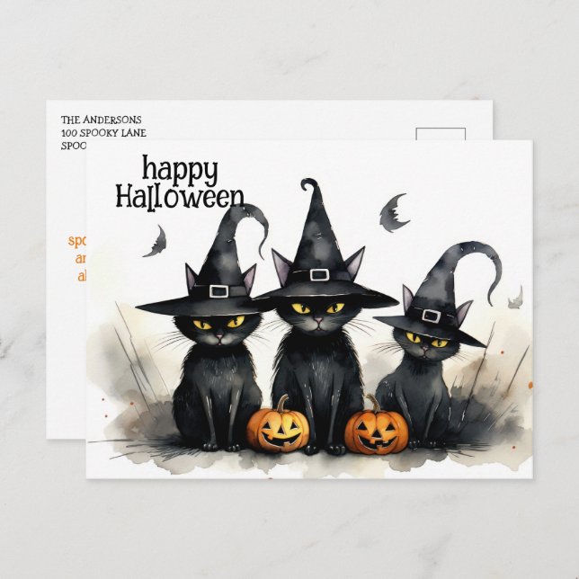 Postal Cuta acuarela Brujería gatos calabazas Halloween (Anverso / Reverso)