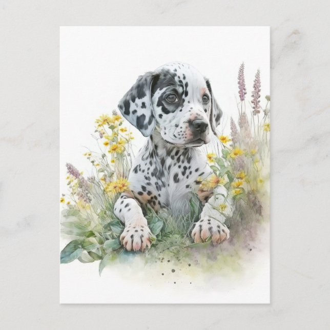 Postal Cuta acuarela Floral Dalmatia Perro Cachorro (Anverso)