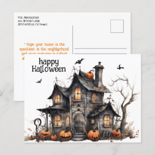 Postal Cuta acuarela Haunted House Halloween